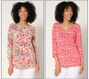 Susan Graver Petite Printed Liquid Knit Set of (2) 3/4 Sleeve Tops