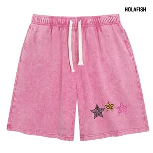 Holafish Womens Acid Washed Shorts Pink Star Print Vintage Retro Sporty Casual Loose Relaxed Fit Summer Essential Cotton for Jogs Park Days Beach Lounging Summertime Active Vibes