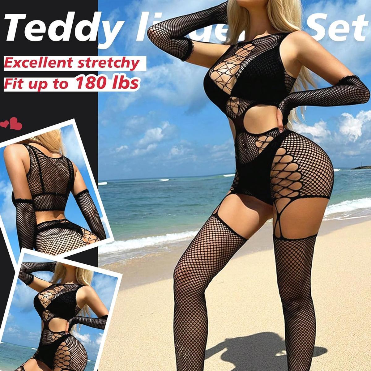 Women's Sexy Black Fishnet Mesh Bodysuit with , Outfit, Comfortable Basic Intimates, Perfect for Date Night, Beach & Romantic Occasions, All Seasons Wea