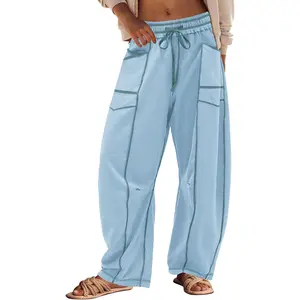 Womens Barrel Pants Drawstring Wide Leg Sweatpants Baggy Summer Lounge Pants Casual Beach Trousers