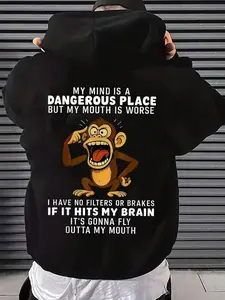 My Brain Is A Dangerous Place Monkey Hoodie, Funny Monkey Graphic Back Print Hoodie, Humorous Statement Pullover, Trendy Men’s Streetwear Hoodie