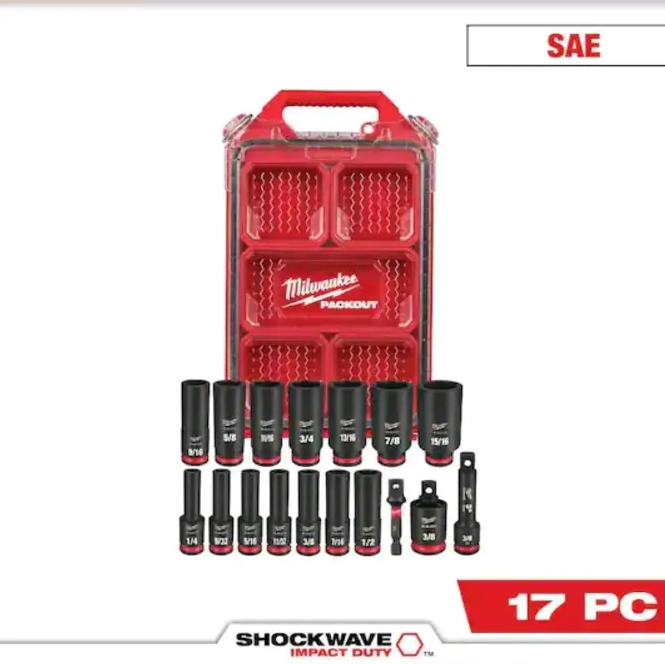 SHOCKWAVE Impact-Duty 3/8 in. Drive SAE milwaukee Deep Well Impact PACKOUT Socket Set (17-Piece)
