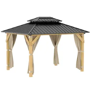 Heavy Duty Hardtop Wooden Gazebo with Double Galvanized Steel Roof - Mosquito Netting & Curtains - All-Weather Outdoor Pavilion for Patio, Deck, Backyard, Lawn, Garden - Khaki