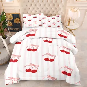 2/3 Piece Set Of Pink Bow Printed Comforter Set, Cute Cherry Patterned Bedding Set, Room Decoration Set, Children'S Bedroom Set, 1 Quilt and 1/2 Pillowcase