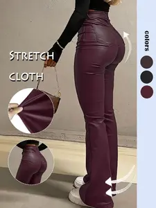 GILIPUR Y2K High Waist PU Flare Leg Pants Casual Comfy Plain Button Pocket Trousers Women's Ladies Bottoms For All Seasons Fall & Winter Clothes Stretchy PU Leather Flared Leg Pants Coated Flared Pants,Kardashian Style,Tchic