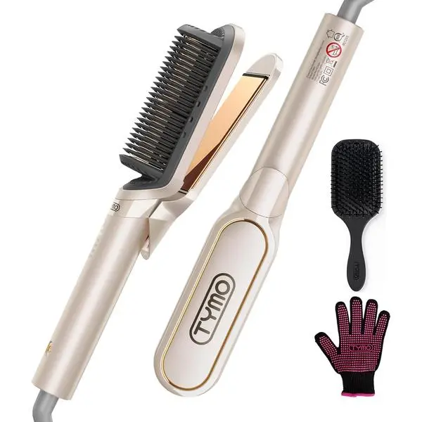 TYMO Flat Iron Hair Straightener Brush 2 in 1, 200M Ions Ceramic Hot Comb | Hair Straighteners for Women, Hair Iron for Anti-Frizz Straights, Waves, Curl, 3X Less Heat Damage, Dual Voltage, Black