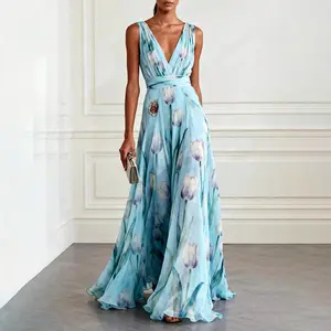 Women's Romantic Bohemian Style Sheer Georgette Long Dress V Neck Strapless Look Silhouette Beach Vacation Prom Summer Pastel Tulip Floral casual summer dresses Summer vacation dress