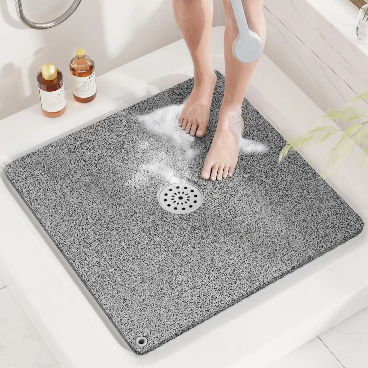 Shower Mat, 24x24 Inch Square Non Slip Bathtub Mat, Soft PVC Loofah Bath Mat for Tub with Hanging Holes, Quick Drying Shower Floor Mat, Without Suction Cups, Grey
