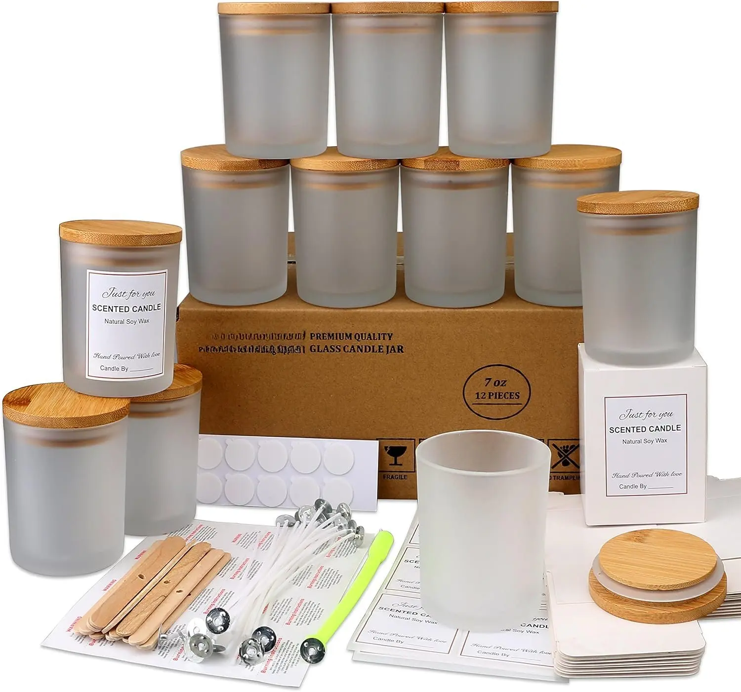 12 Pack 7 OZ Frosted Glass Candle Jars with  and Candle Making Kits - Bulk Empty Candle Jars for Making Candles - ,  Containers.