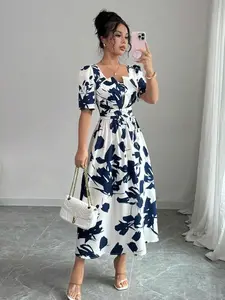 Square Neck Puff Sleeve Summer Dress - Elegant Allover Print Colorblock