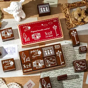 1 set French Blessing Phrase Stamp Set, Vintage Teak Wood, 9 Pieces, Journal Stamps, Elegant Design, Perfect for Personalization