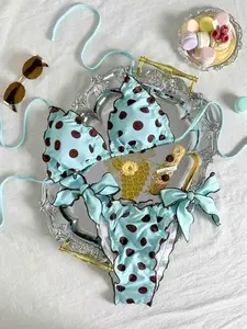 Women's Polka Dot Bikini Set, Strappy Triangle Top and Bottoms, Sexy Ruffle Beachwear, Casual Fitted Wireless Bikinis for All Seasons