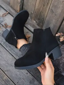 Women's Suede Side Zip Chunky Heel Short Boots, Vintage Comfortable Versatile Booties, Fall Winter Fashion Commuter Ankle Boots, Pointed Toe Boots