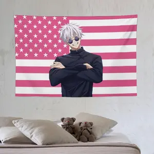 【High Quality】Jujutsu Kaisen Gojo Satoru tapestry anime interior decoration bedside sofa living room hanging painting poster pink flag background wall