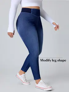 Plus Size High Waist Belly Control Jeans Leggings, Four-Way Stretch Soft Denim Bottoms, Tight Fit, Essential for Home and Outing