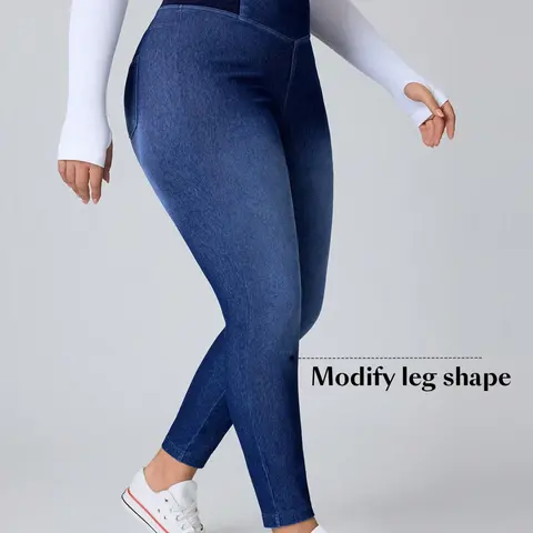 Plus Size High Waist Belly Control Jeans Leggings, Four-Way Stretch Soft Denim Bottoms, Tight Fit, Essential for Home and Outing, High Waisted Leggings