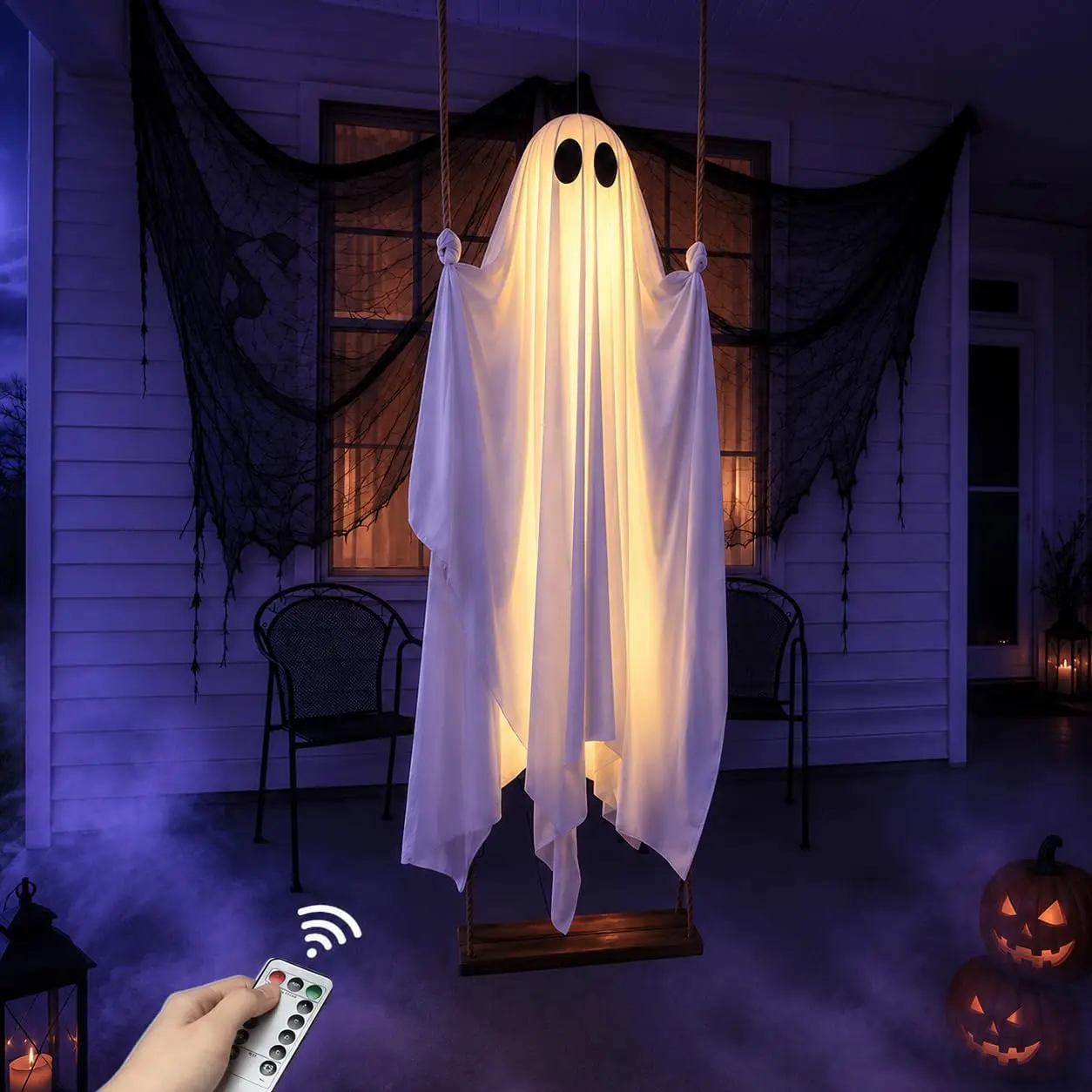 Halloween Decorations Outdoor - 5FT Large Hanging Ghost Swing with Remote Control String Lights, Scary Ghost Halloween Party Decor Outside for Tree Porch Yard Garden Lawn Ornaments halloween   spooky  decor