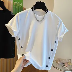 Pure Cotton Summer New Loose Casual Button Split Round Neck Top Unisex Short Sleeve Fashion T-Shirt fast arrival good  graphic  tees funny  tshirt graphic  tees ultrakill  holy  shirt men's  graphic  tees Minimalist Casual Summer T-Shirt