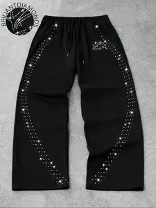 Men's Trendy Wide Leg Pants, Rhinestone Patch Graphic Fashion Sweatpants, Drawstring Loose Fit Casual Long Pants, All Season Versatile Men's Clothing, Casual Fit Bottoms