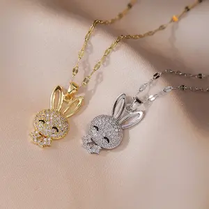 2PCS Bunny Necklaces for Women Zircon Rabbit Design Fashion Full Diamond Micro Inlaid Copper Electroplated Real Gold-plated Pendant Necklace