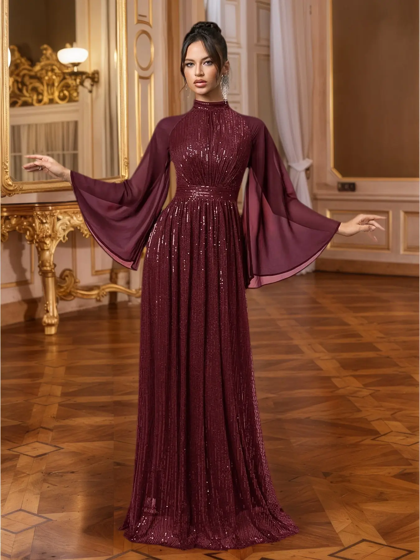Elegant Midi Formal Dress for Muslim Women, Long Sleeve Round Neck Evening Gown, Perfect for Weddings, Parties, Charity Events