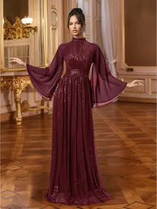 Elegant Women's Round Neck Long Sleeve Evening Dress, Formal Gown for Weddings, Parties, Opera Nights, Charity Events