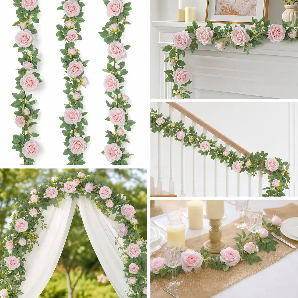 4Pcs 26 FT Artificial Rose Vine Garland Fake Silk Floral Hanging Garland for Wedding Arch Backdrop Party Garden Wall Home Decor
