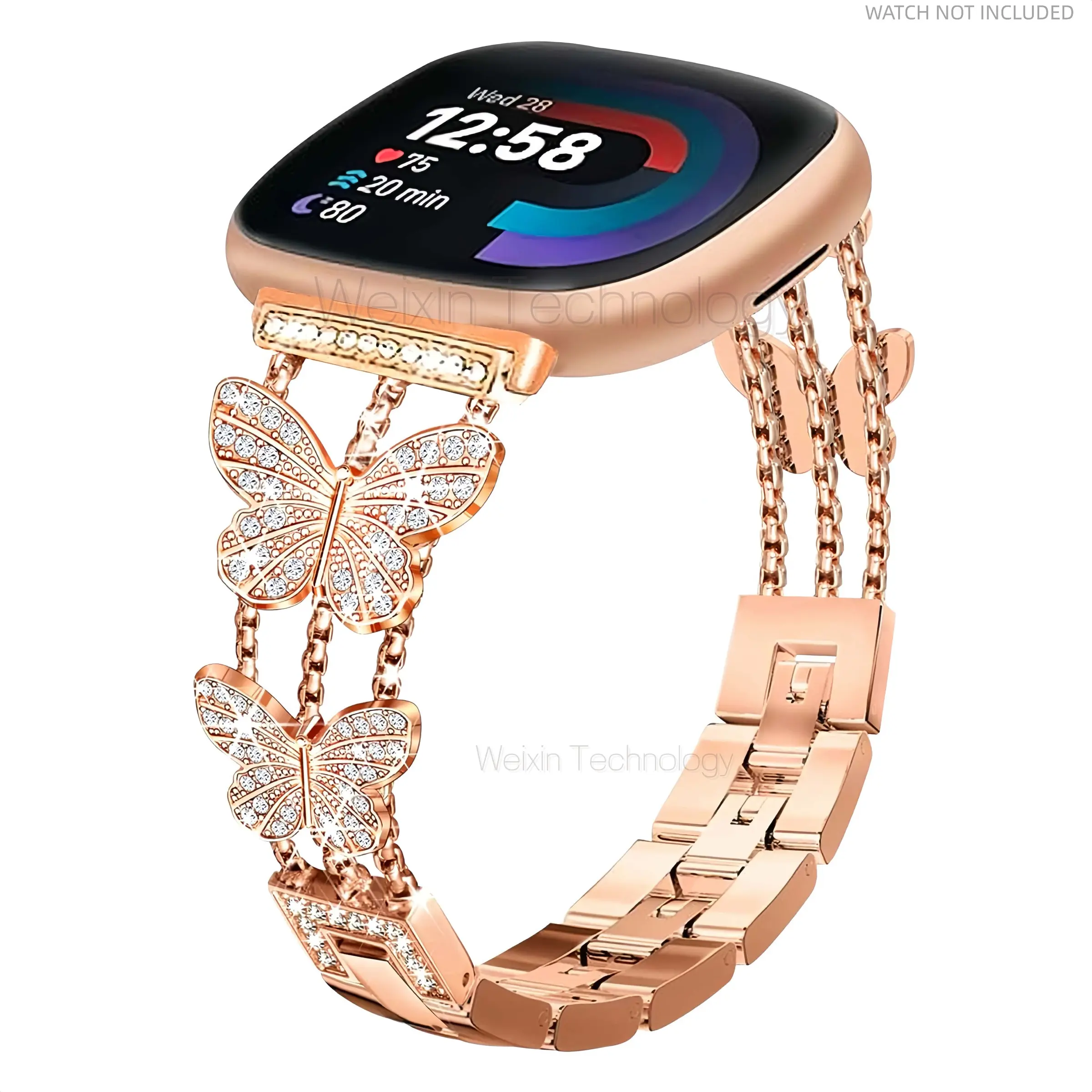 Shiny metal strap suitable for Fitbit Versa 4/Sense 2/Versa 3/Sense strap, diamond butterfly fashionable women's strap can replace Fitbit smart watch butterfly detachable metal strap women's strap Smartwatch strap Smart Watch Accessories