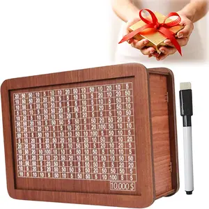 10000 Savings Challenge Box, Wooden Money Saving Piggy Bank for Adults Kids, Reusable, Targets 10k