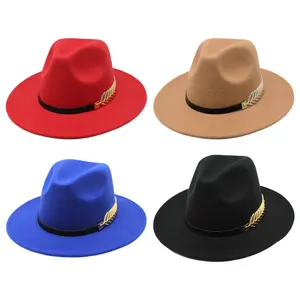 Mens Womens Elegant Flat Wide Brim Felt Fedora Hat with Gold Fishbone Decoration