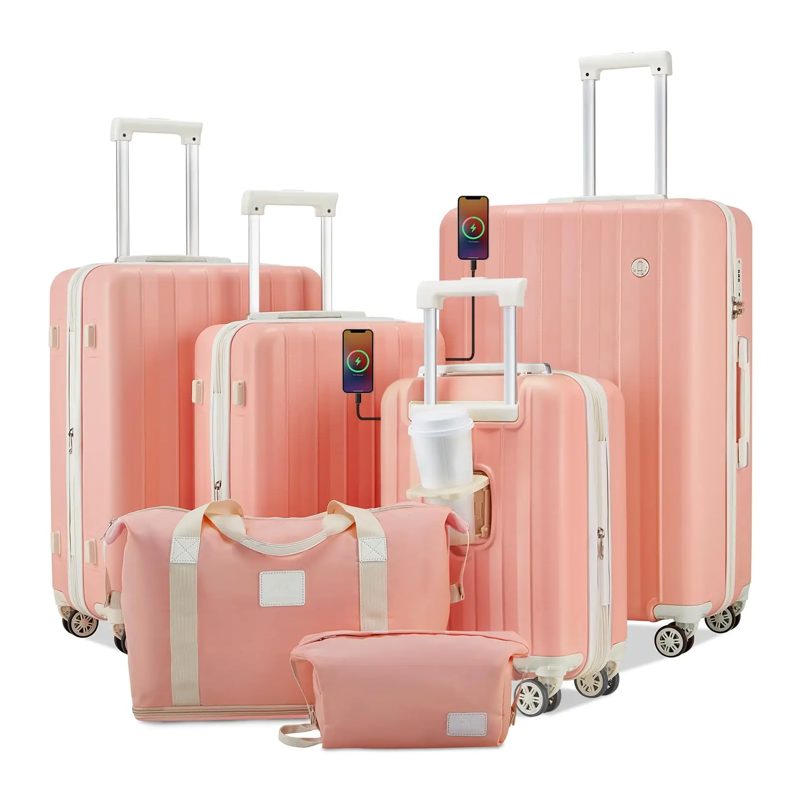【Fast Delivered】6 Pieces Luggage Set, Expandable Hardshell Durable Suitcase with USB Port, Cup Holder, TSA Lock and Silent Spinner Wheels