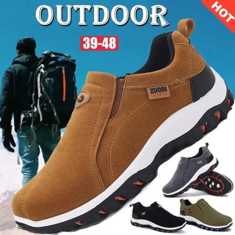 Men Fashion Brand Waterproof Hiking Shoes Leather Outdoor Sneakers for Men Flat Sport Casual Shoes Non-slip Shoes  Plus Size