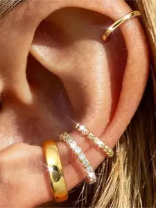 Simple 4 Pairs Golden Classic Ear Cuff Earrings Brilliant Non Piercing Hypoallergenic Ear Cuffs for Women Men Non Tarnish Clip on Cartilage Earrings Fake Earring Set Trendy Jewelry Set Stackable Earrings
