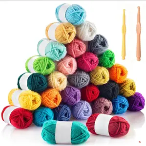 30Pcs Mini Mixed Color Acrylic Yarn Skeins, Soft 20g Knitting Yarn Bulk Set, Bonus 2 Crochet Hooks, Starter Craft Supplies for Hand Crochet DIY Knitting Art Creation