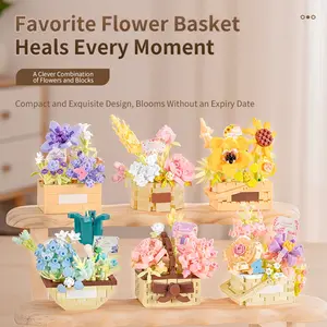 Rose Bouquet & Flower Basket Building Blocks, Eternal Floral Potted Plant, Desktop Ornament, Girls DIY Assembly Toy, Compatible with Lego