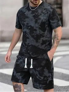 Bold Tie Dye Mens Clothing 2 Piece Short Sleeve T Shirt And Drawstring Shorts Set With Ribbed Texture Trendy Casual Outfit For Summer And Streetwear