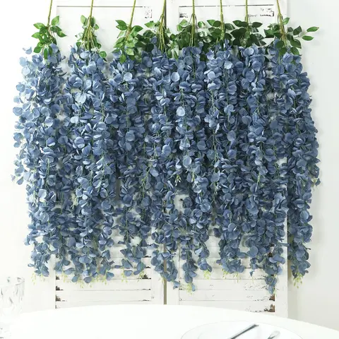 Silk Wisteria Hanging Flower Garland - 42 in Dusty Blue Artificial Decorative Flowers, 5-Strand Bush with 7" Leaf Height, 4 Stems, Multiple Petal Sizes for Wedding, Backdrops, Fence & Vase Decor