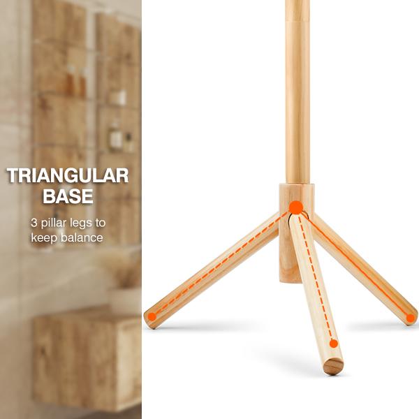 Wooden Coat Rack Stand with 8 Hooks New Zealand Pine 3 Adjustable Coat Standing Tree Easy Assembly for Coats, Hats, Scarves and Handbags for Entryway, Hallway, Bedroom, Office