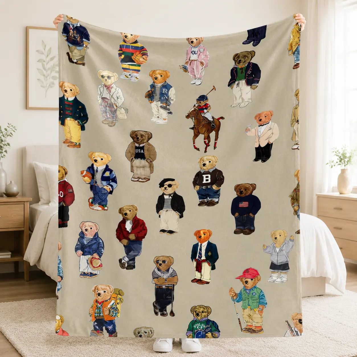 Vintage Teddy Bear Flannel Blanket, Preppy Cute Bear Print Throw Blanket, Soft Cozy Fleece Blanket for Bed Sofa Couch, Warm Plush Blanket for Kids Adults Home Decor Gift