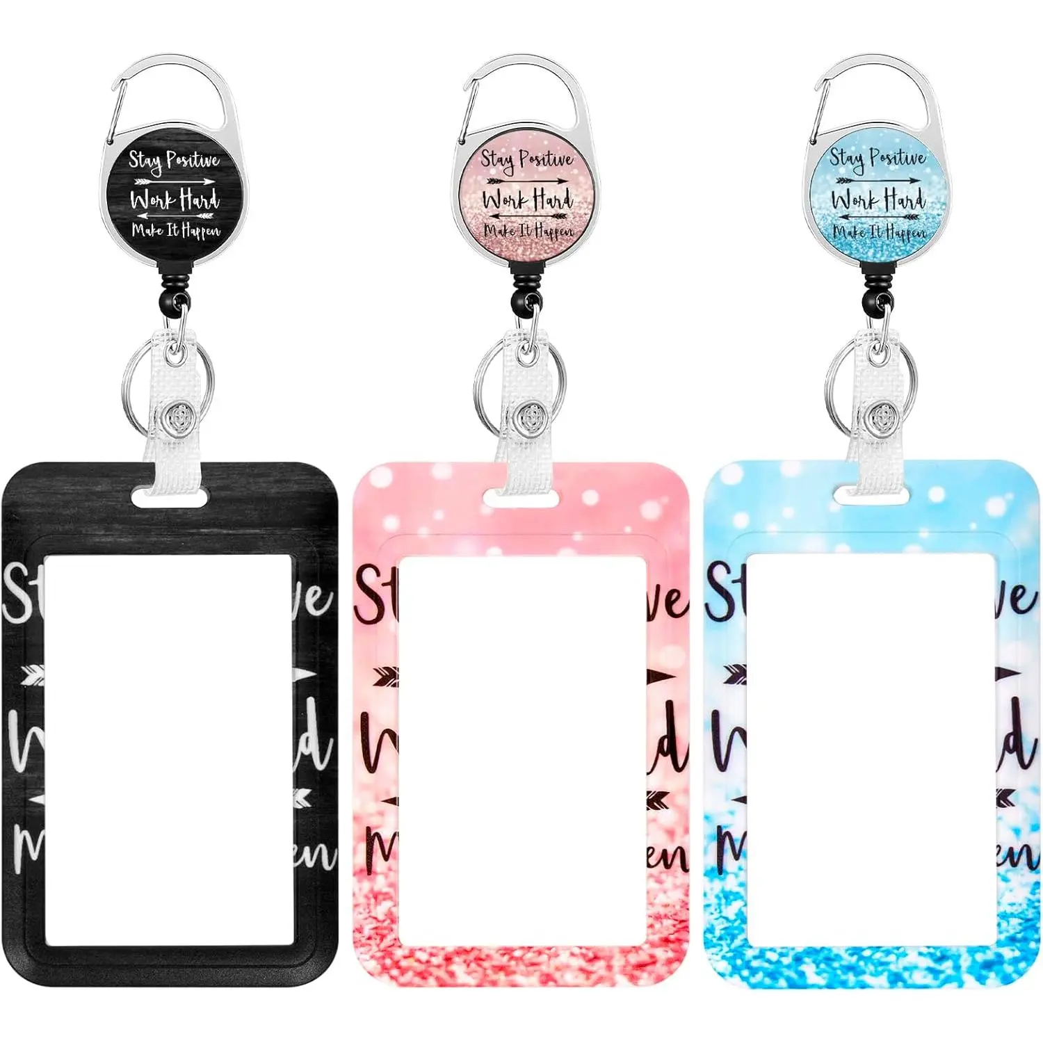 3 Pack Heavy Duty Badge Holder with Retractable Reel, ID Name Tag, Worker Badge, Carabiner Clip, Vertical Card Protector Cover for Office and