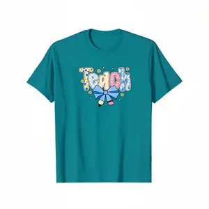 TEAL-Preppy Teacher Floral Coquette Shirts, Teach Blue Floral Tee, Preppy Teacher Tops, Pencil Bow Teacher Checkered T-Shirts