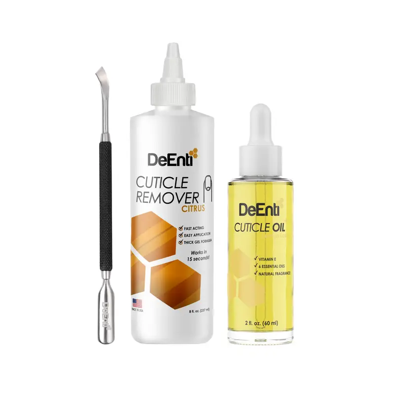 DeEnti Cuticle Maintenance Pack, Citrus Scented Cuticle Remover, Cuticle Oil for Nails, Metal Pusher Tool, Home Manicure Kit for Nail Care