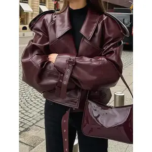 Autumn and Winter Burgundy PU Lapel Women's Leather Jacket Adjustable Cuffs Retro Motorcycle Jacket Red Womenswear(Sheet)