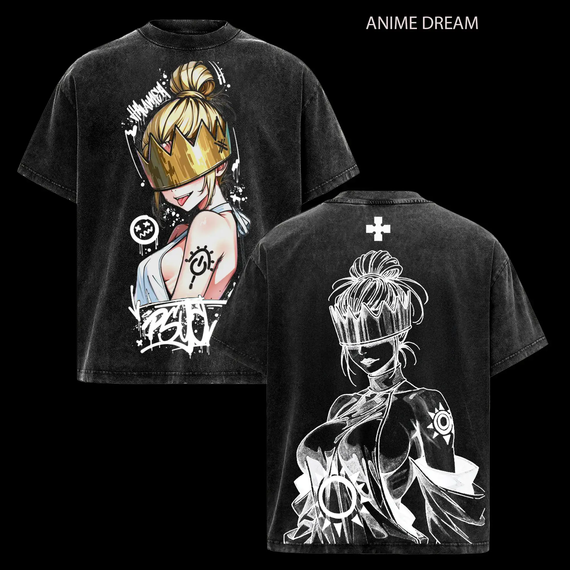 Haumea Fire Force Anime Double Printed Vintage Washed Tee Unisex Oversize Heavyweight Cotton T-shirt for Anime Fans and Lovers