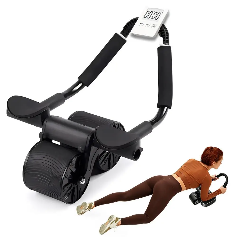 Dual four-wheel core trainer with cushioned elbow rest, digital counter, and cell stand; foldable, quiet abs equipment; portable gym gear for beginner exercisers; mini strength workout supplies