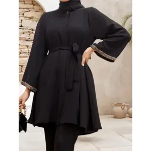 Women's Solid Color Long Sleeve Belted Blouse, Long Sleeve Shirt Women, Casual Round Neck Top for Daily Wear, Ladies Islamic Clothing for All Seasons