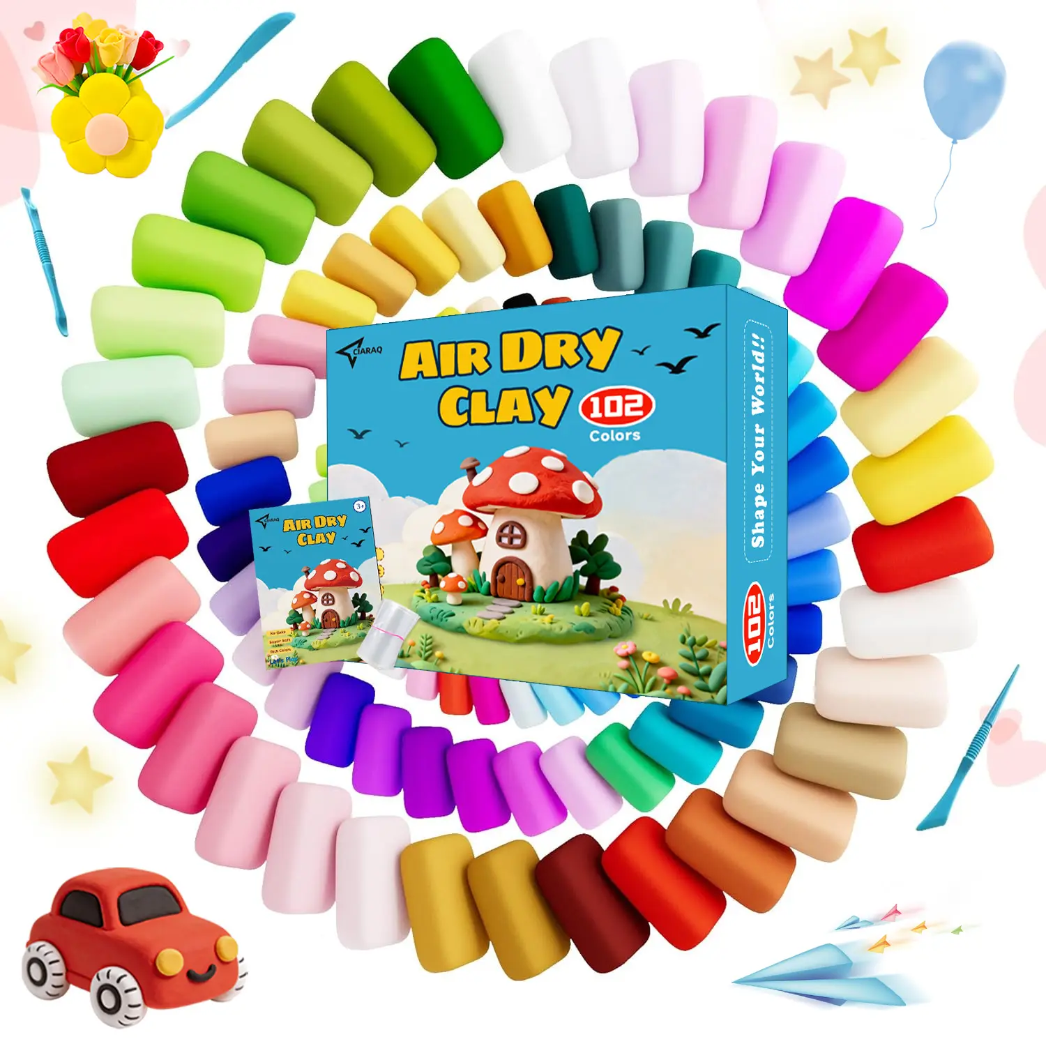 102 Air Dry Clay Kit , Modeling Clay for Kids, DIY Model Magic Clay, Molding Clay Kit with Sculpting Tools | Non-Sticky Soft& Ultra Light, Ideal for Sculpture, Crafting, DIY Projects, Home Play | Arts And Crafts Gift for Boys Girls Kids