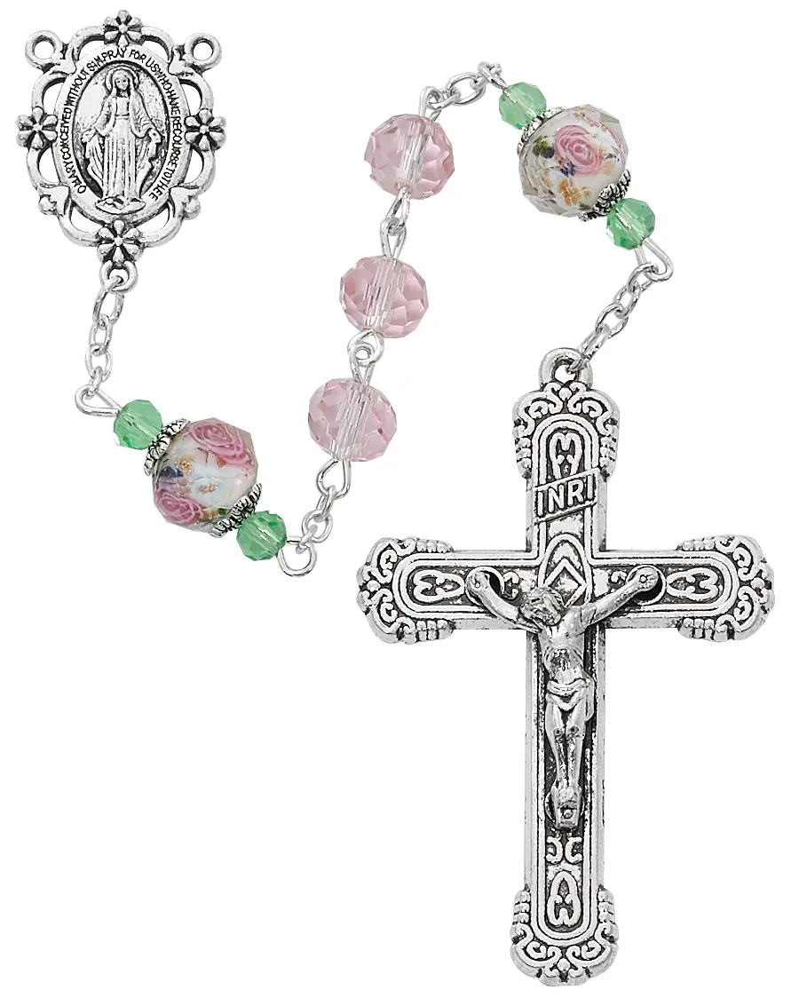 Pink Flower Rosary, 8x7mm Faux Crystal Beads, Devotional Jewelry Gift for Women, Boxed for Birthday, Anniversary, or Wedding, No, Friendship, Girlfriend Birthday Gift, Flower Design, Unique Gift
