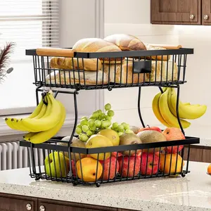 Kitchen Fruit & Vegetable Storage Rack, 2-layer Metal Organizer Storage Basket with Hook, Multifunctional Freestanding Storage Rack for Kitchen & Bathroom, Kitchen Gadgets, Food Organizer Holder, Household Items