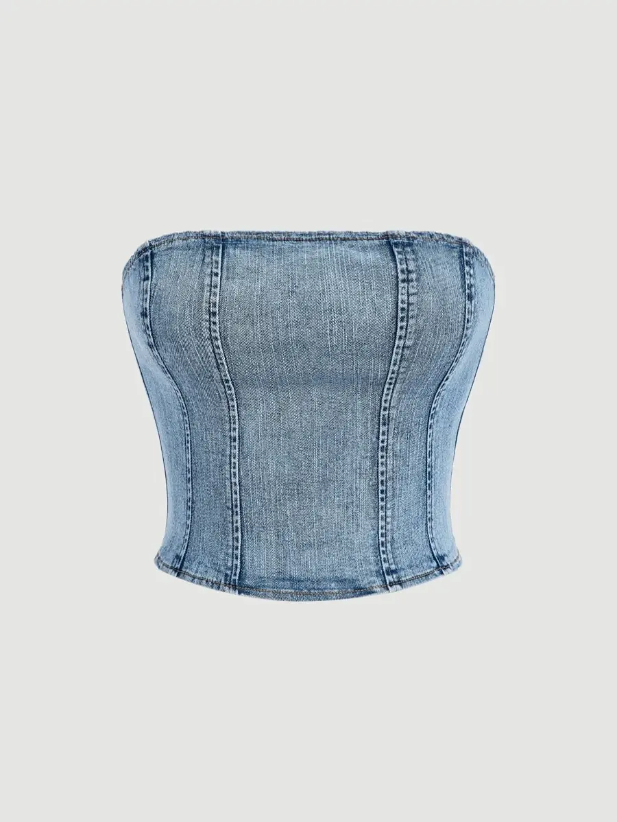 DenimCo Metal Zip Back Topstitching Tube Summer Denim Tube Top Vintage